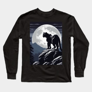 Black Panther Cat, Rock, Forest, Full Moon Long Sleeve T-Shirt